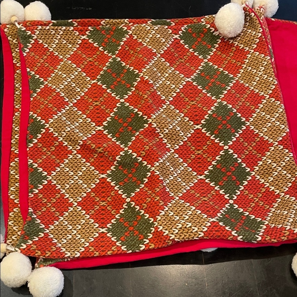 Red and green and tan Argyle pattern pillow cases with Pom Poms set of 4